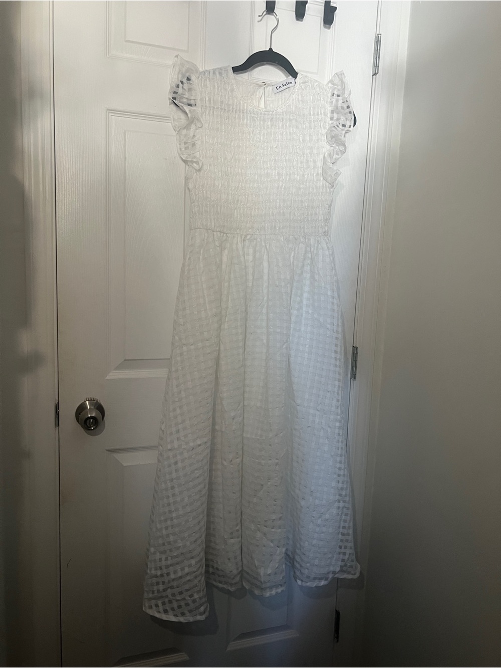 White Women’s Smocked Maxi Dress with Ruffle Sleeves